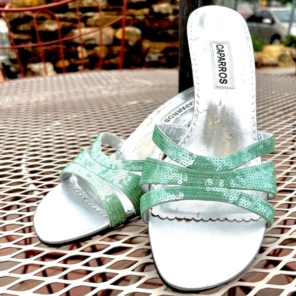 CAPARROS BAYLIE GREEN SEQUINED KITTEN HEEL SANDALS - Picture 4 of 7